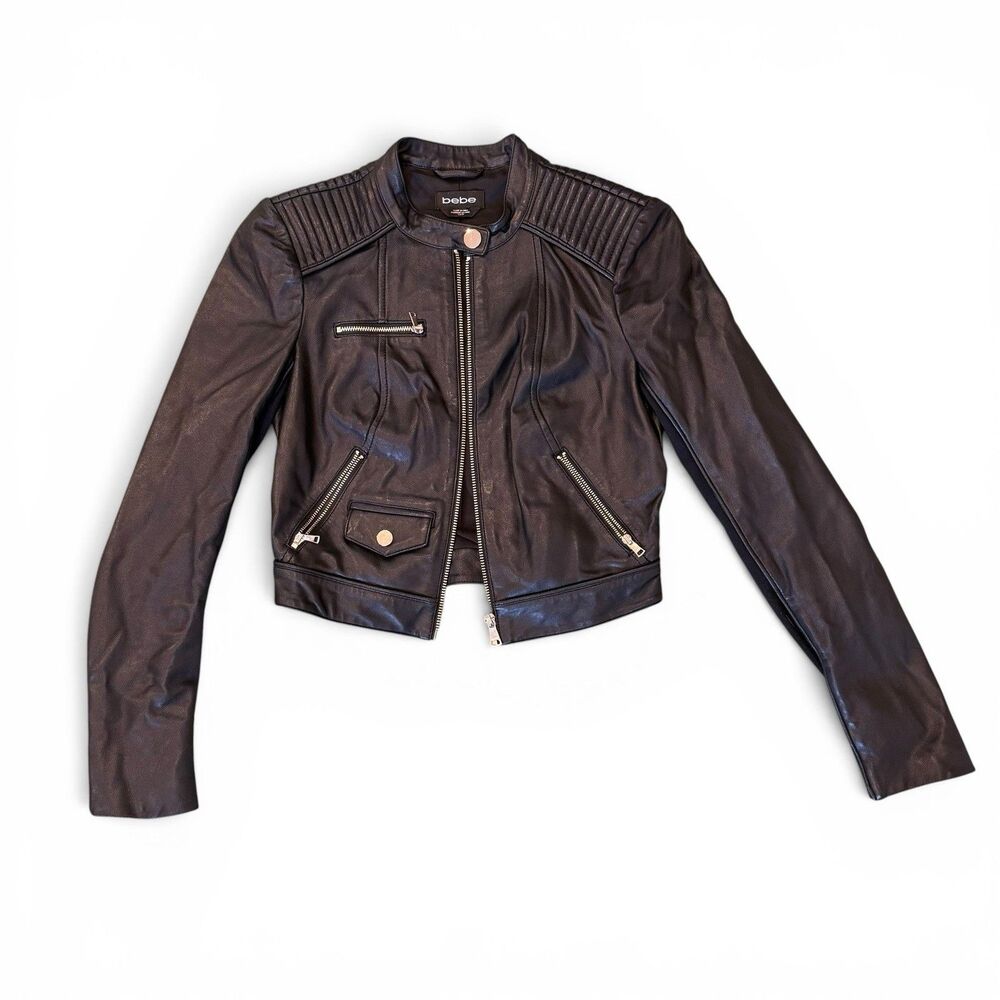 bebe Black 100% Leather Biker Jacket Zipped Pockets Cropped Snap XS Vintage